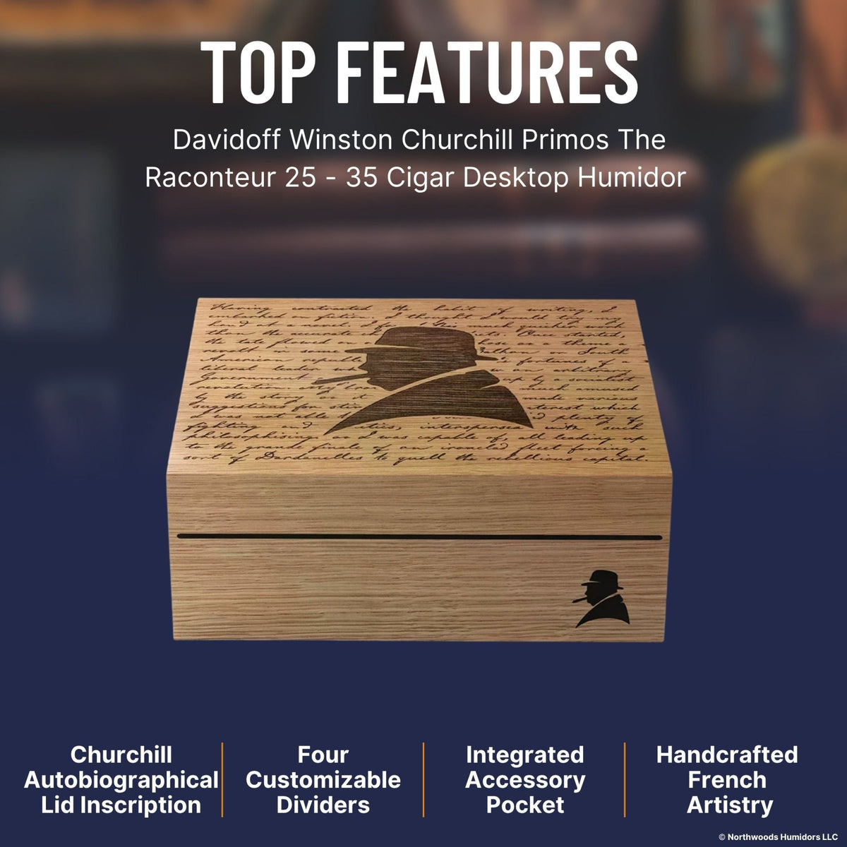 Davidoff Winston Churchill Primos The Raconteur 25 - 35 Cigar Desktop Humidor - Top Features Image