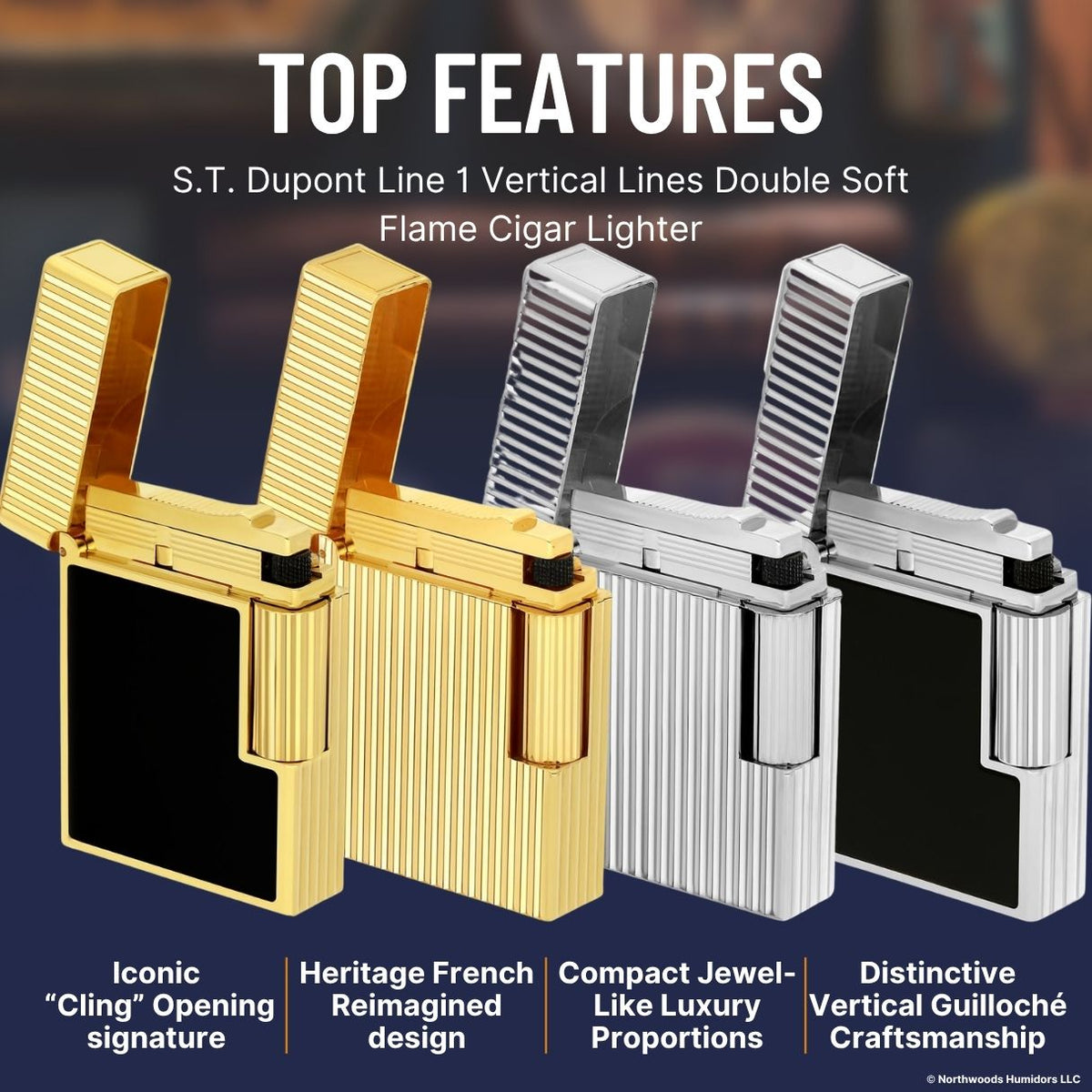 S.T. Dupont Line 1 Vertical Lines Double Soft Flame Cigar Lighter - Top Features