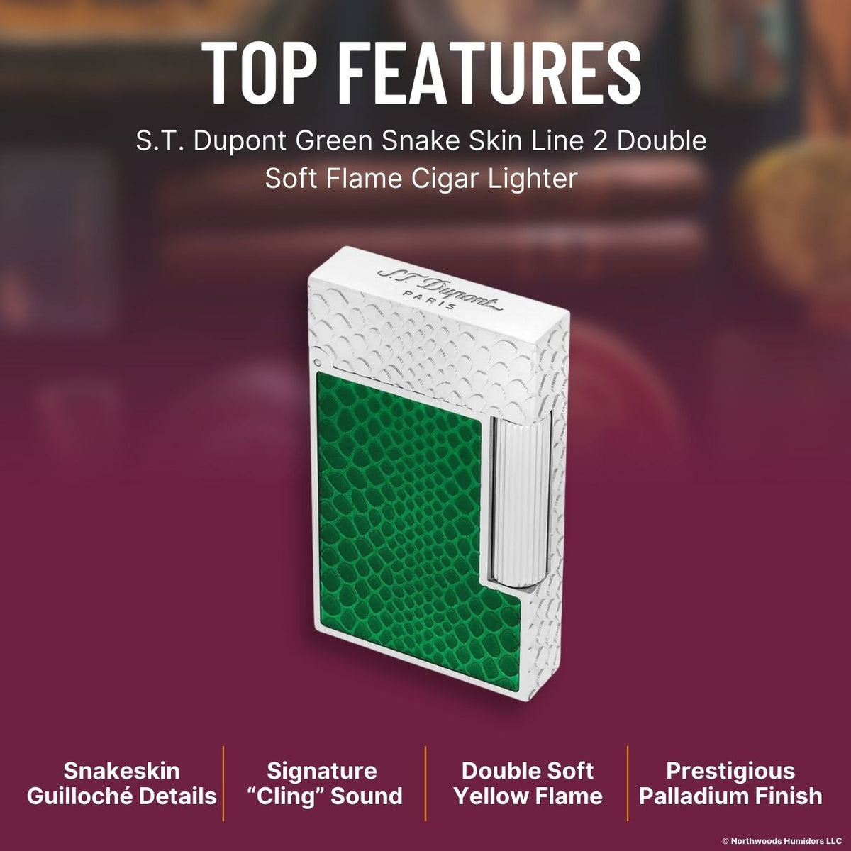 S.T. Dupont Green Snake Skin Line 2 Double Soft Flame Cigar Lighter - Top Features