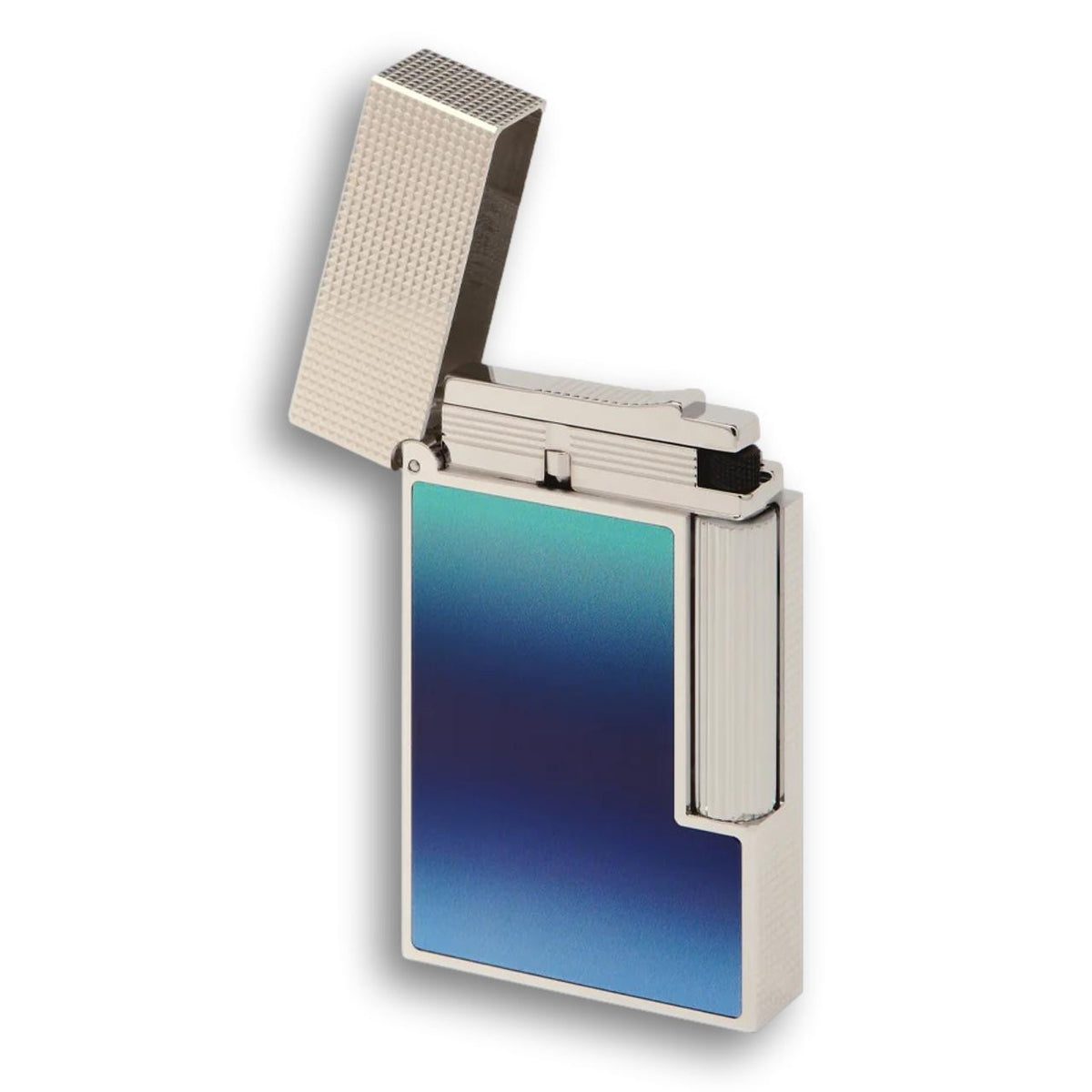 S.T. Dupont Gradient Line 2 Perfect Ping Double Soft Flame Cigar Lighter - Blue Lacquer with Palladium - Lid Flipped Open