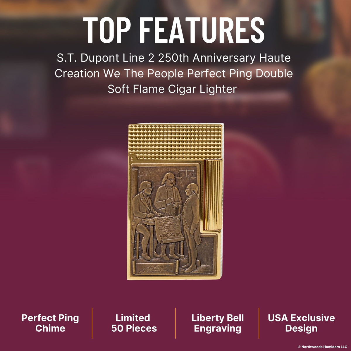 S.T. Dupont Line 2 250th Anniversary Haute Creation We The People Perfect Ping Double Soft Flame Cigar Lighter - Top Features Image