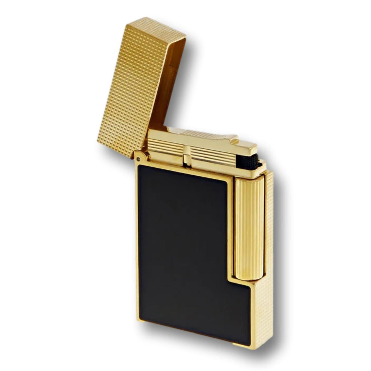 S.T. Dupont Perfect Ping Line 2 Double Soft Flame Cigar Lighter - Micro Diamond Head Gold and Black Laquer - Lid Flipped Open