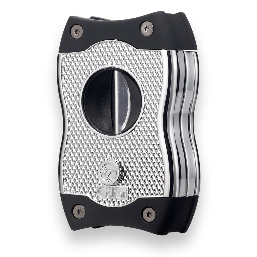 Colibri SV-Cut Cigar Cutter with Straight and V-Cut - Chrome and Black - Exterior Front Angle