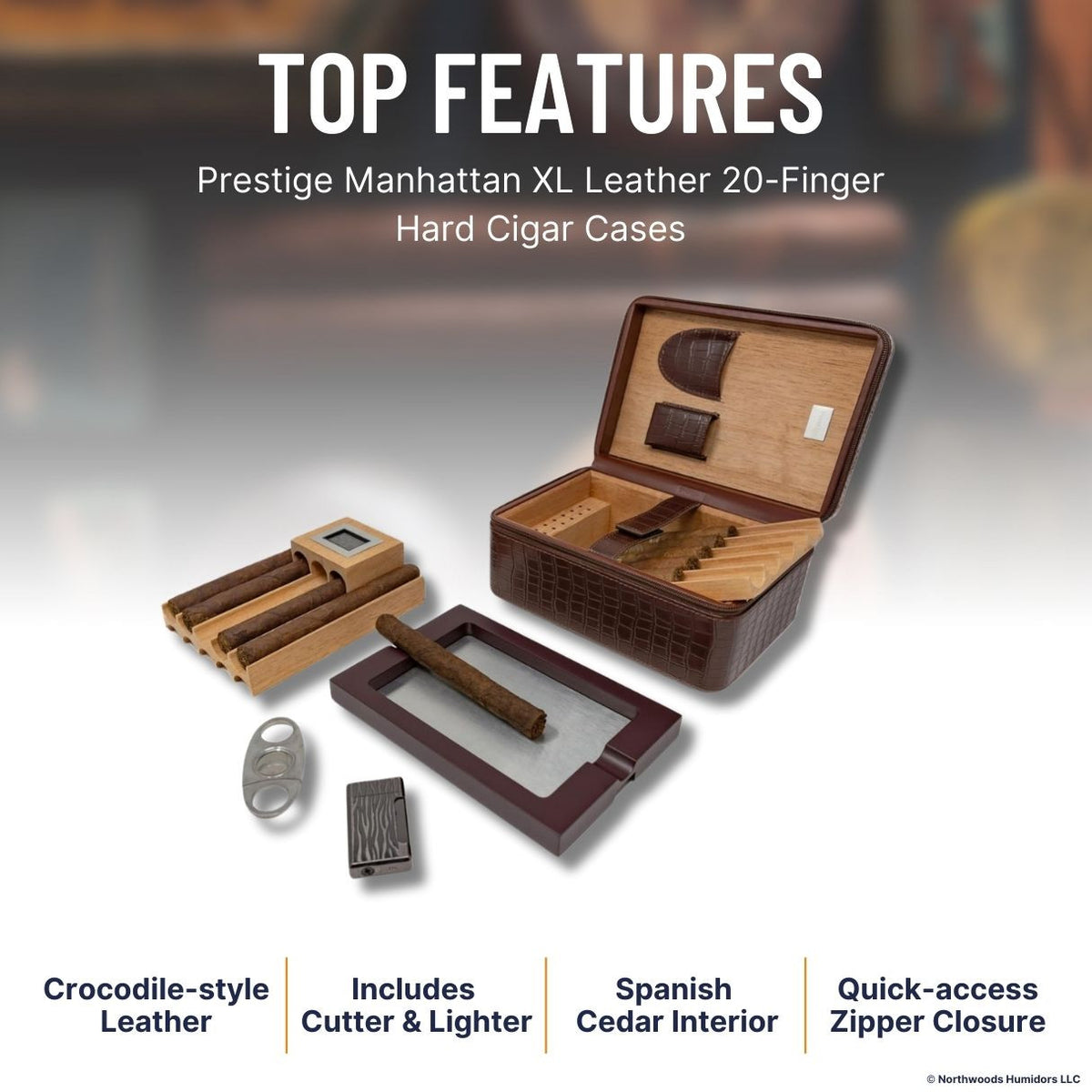 Prestige Manhattan XL Leather 20-Finger Hard Cigar Cases - Brown - Top Features