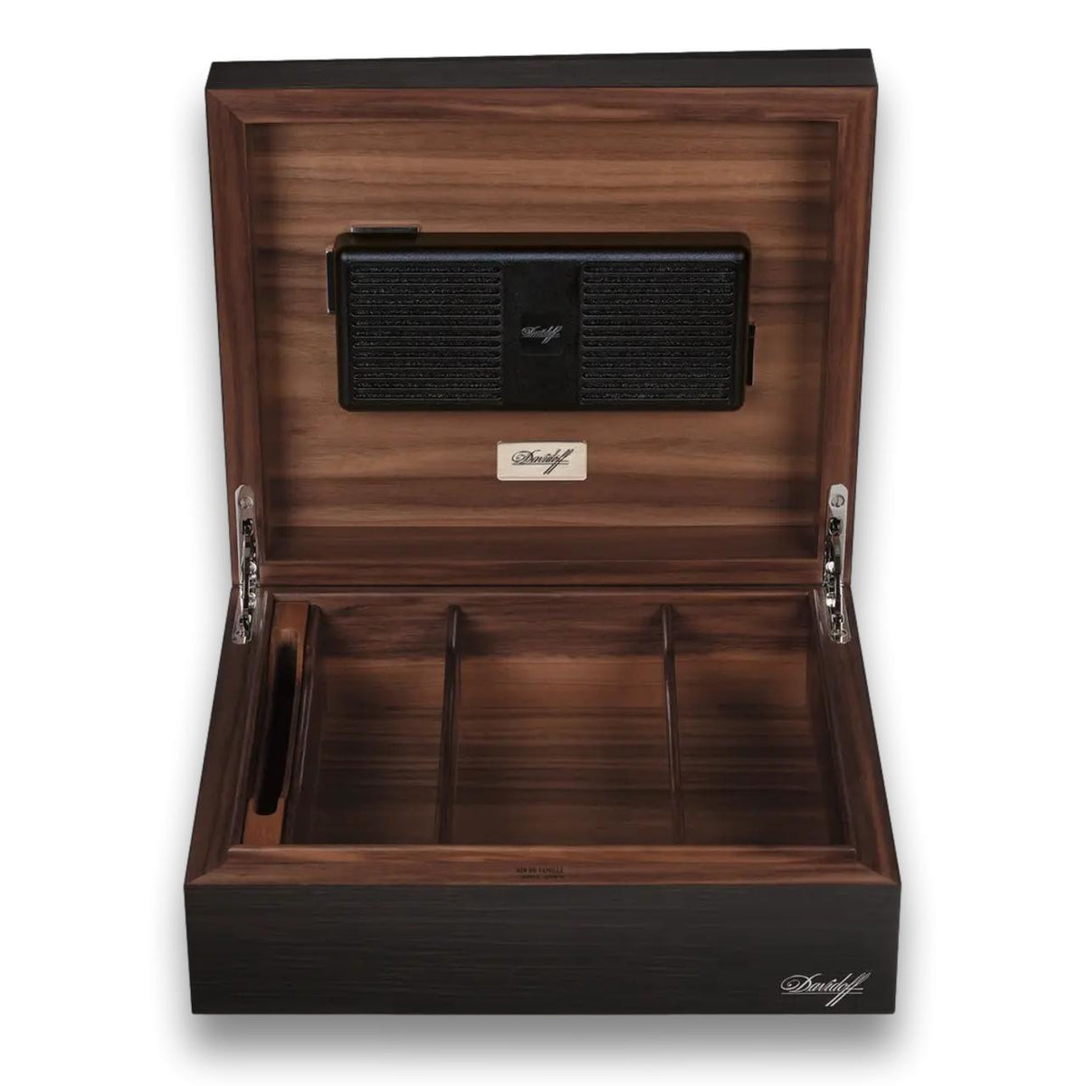 Davidoff Air De Famille Series II Smoked Oak Primos Brilliant 35-Cigar Desktop Humidors - Lid Flipped Open