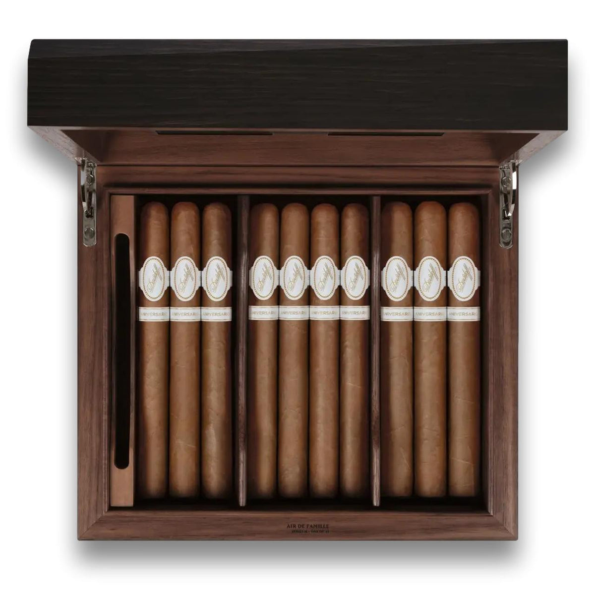 Davidoff Air De Famille Series II Smoked Oak Primos Brilliant 35-Cigar Desktop Humidors - Lid Flipped Open with Cigars