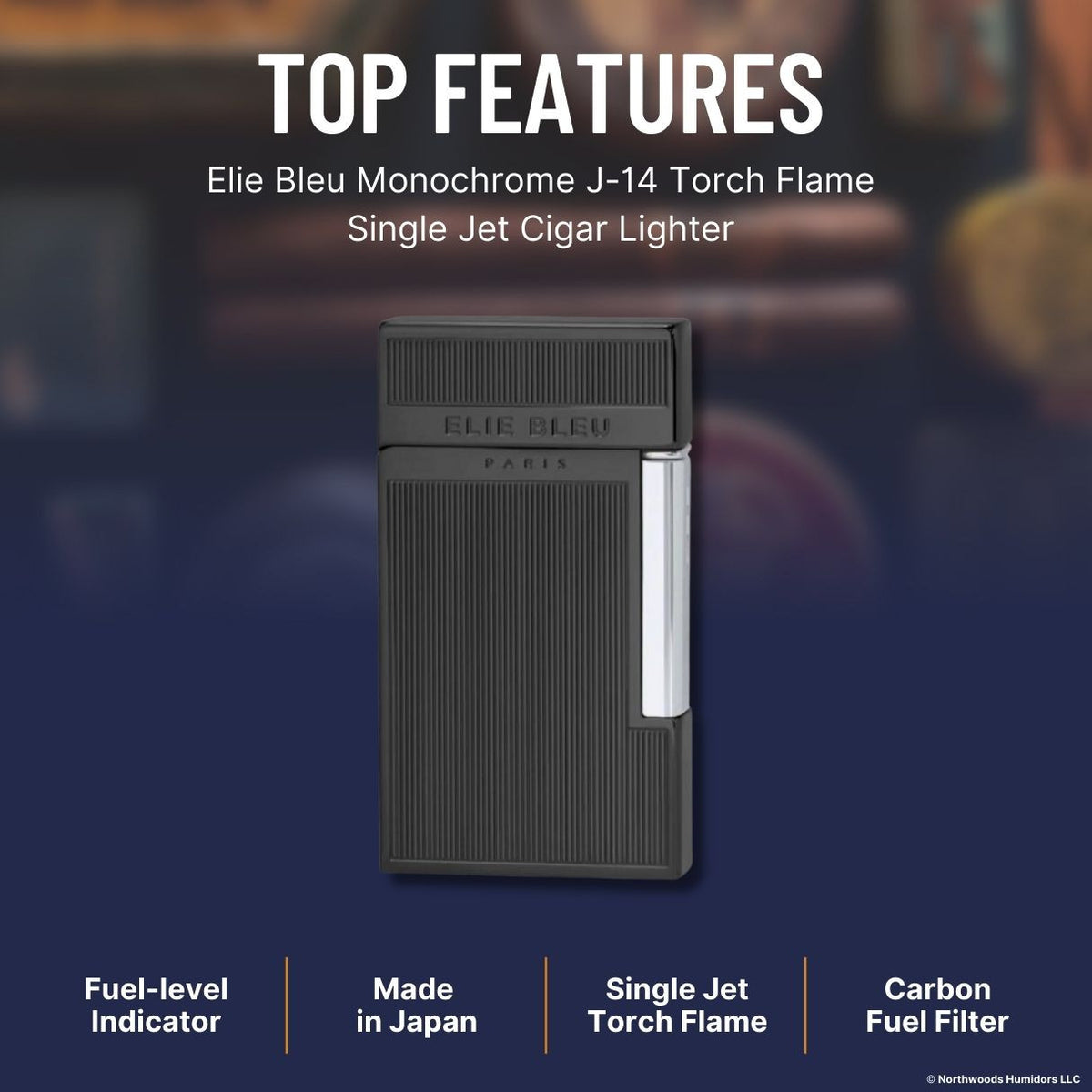 Elie Bleu Monochrome J-14 Torch Flame Single Jet Cigar Lighter - Black Pinstripe - Top Features