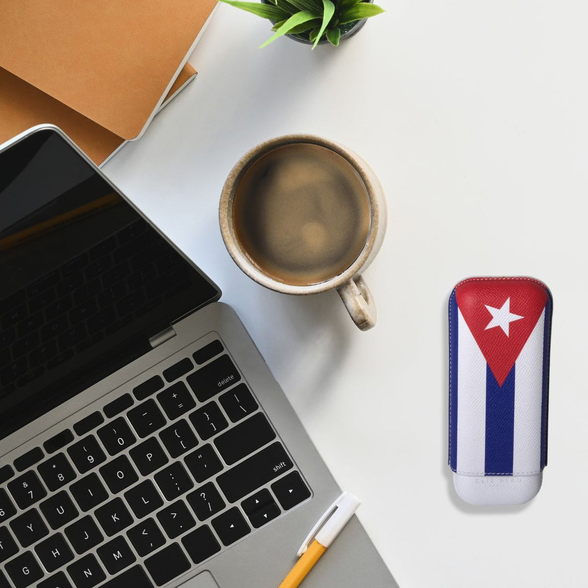 Elie Bleu Cubana Flag Leather 2-Finger Soft Cigar Case - Flatlay