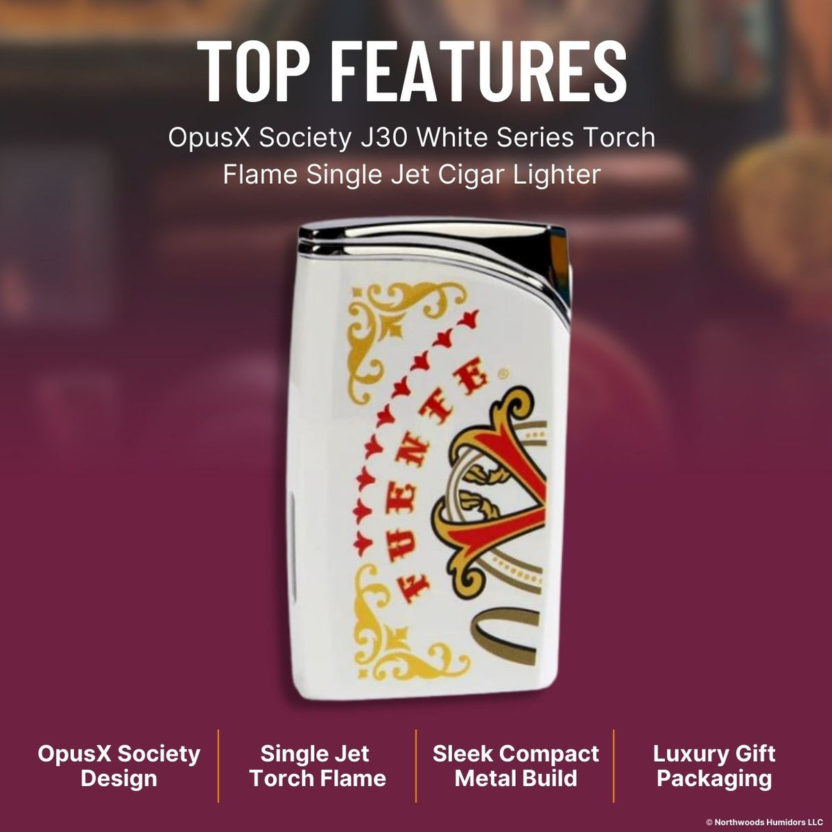 OpusX Society J30 White Series Torch Flame Single Jet Cigar Lighter - Top Features