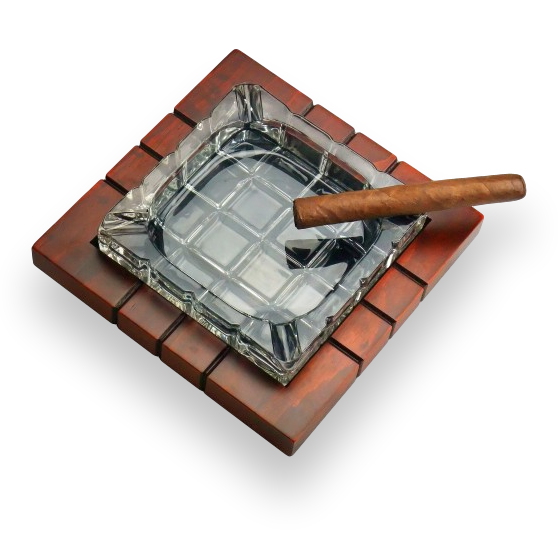 Prestige Cross Hatch Crystal and Wood 4-Cigar Ashtray - Exterior Top with Cigar