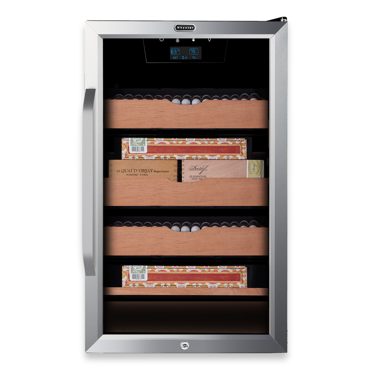 Whynter CHC-421HC Elite Touch Control Stainless 400-Cigar Cooler Humidor 4.2 cu. ft. - Exterior Front with Cigars