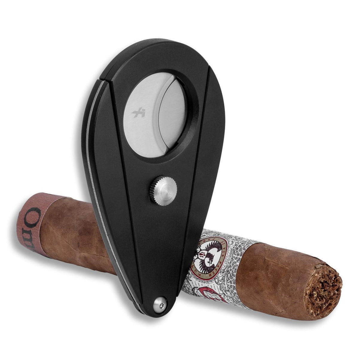 Xikar Xi180 Double Blade Cigar Cutter - Right Facing with Cigar