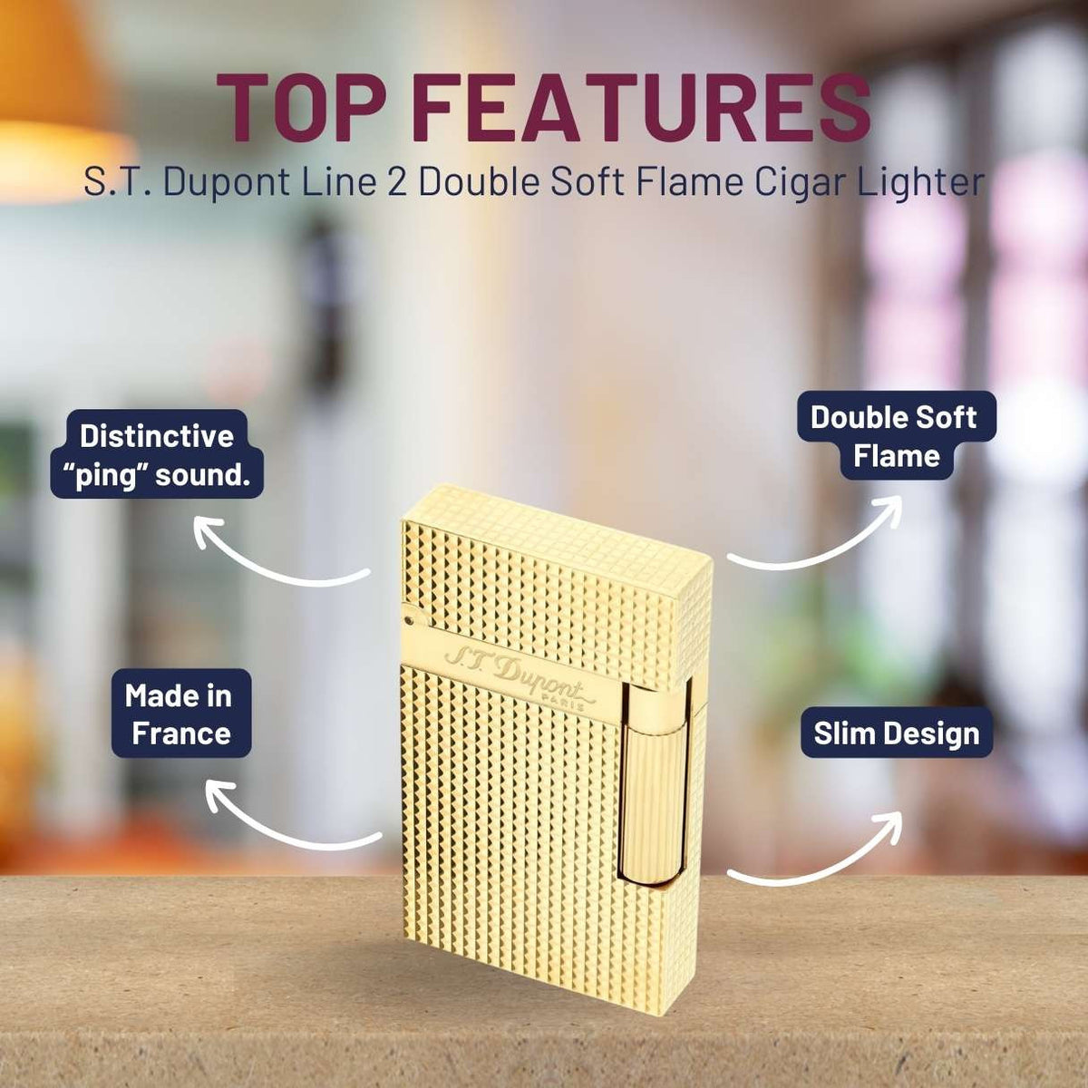 S.T. Dupont Line 2 Double Soft Flame Cigar Lighter - Diamond Head Gold - Top Features