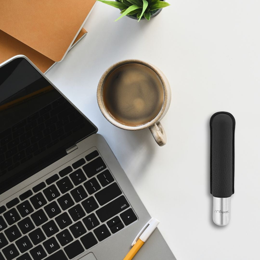 S.T. Dupont Leather and Chrome Metal 1-Finger Hard Cigar Cases - Black and Chrome -Flatlay