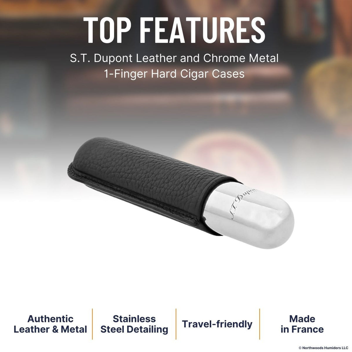 S.T. Dupont Leather and Chrome Metal 1-Finger Hard Cigar Cases - Black and Chrome - Top Features