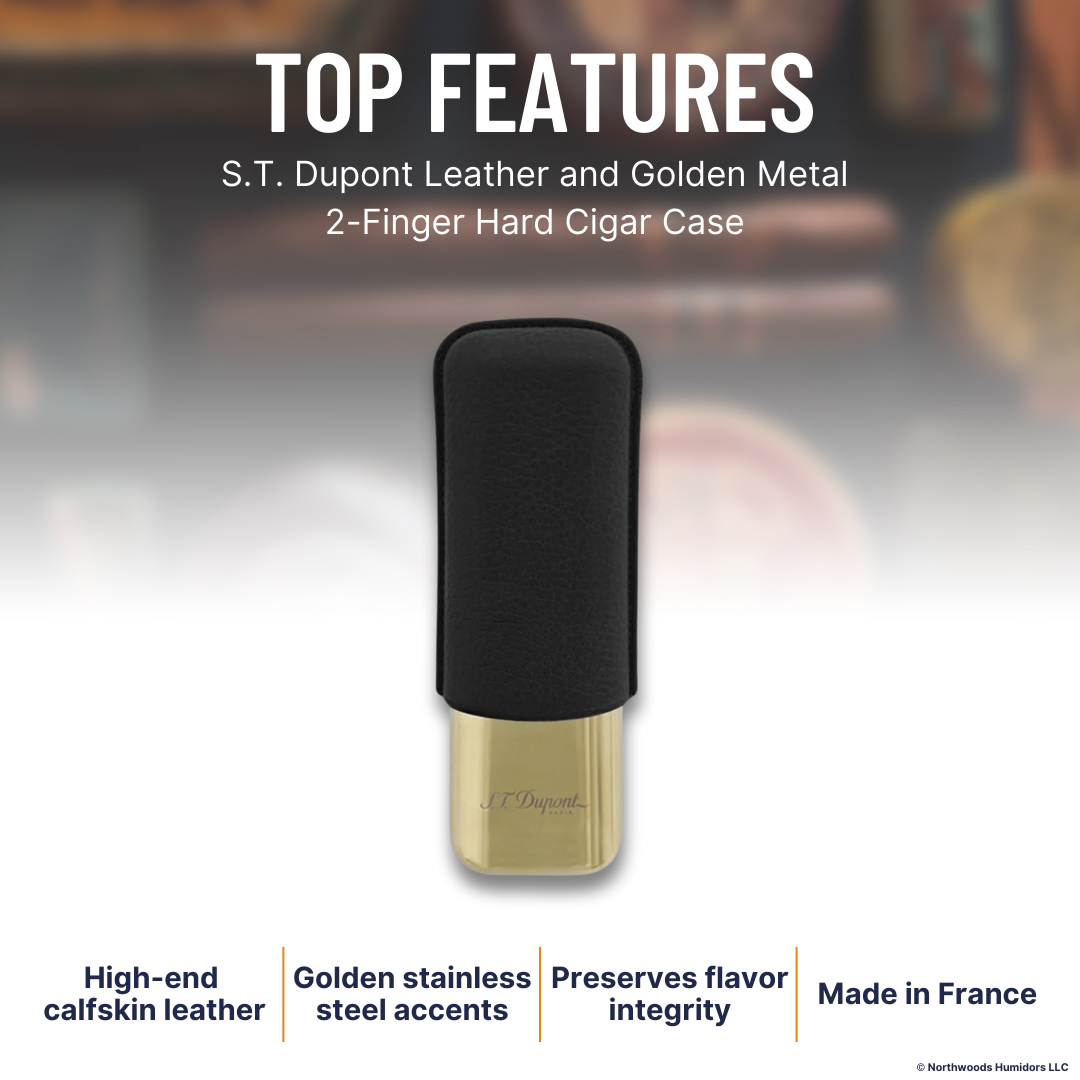 S.T. Dupont Leather and Golden Metal 2-Finger Hard Cigar Cases - Black and Golden - Top Features