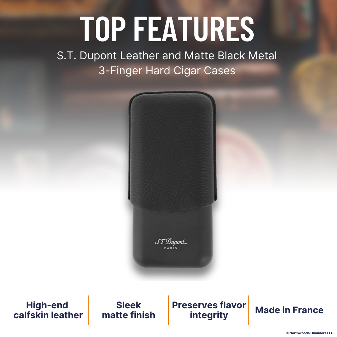 S.T. Dupont Leather and Matte Black Metal 3-Finger Hard Cigar Cases - Black and Matte Black - Top Features