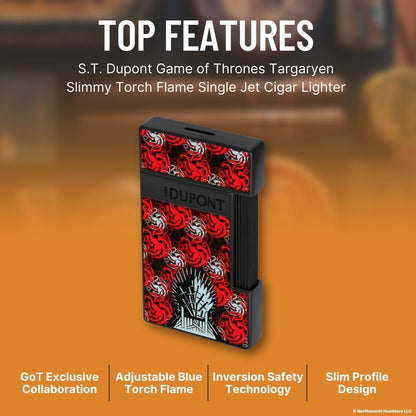S.T. Dupont Game of Thrones Targaryen Slimmy Torch Flame Single Jet Cigar Lighter - Top Features