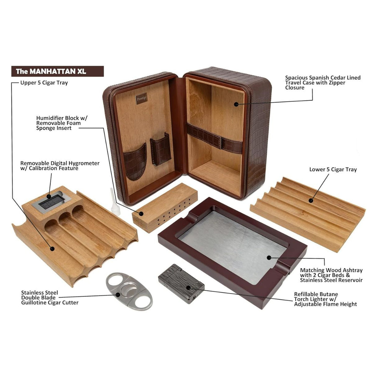 Prestige Manhattan XL Leather 20-Finger Hard Cigar Cases - Brown - Inclusions