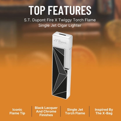 S.T. Dupont Fire X Twiggy Torch Flame Single Jet Cigar Lighter - Black & Chrome - Top Features