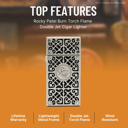Rocky Patel Burn Torch Flame Double Jet Cigar Lighter - Black & Gunmetal - Top Features