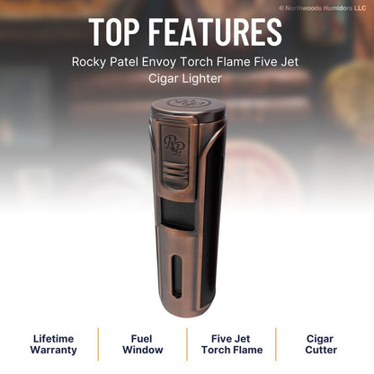 Rocky Patel Envoy Torch Flame Five Jet Cigar Lighter - Black & Copper - Top Features