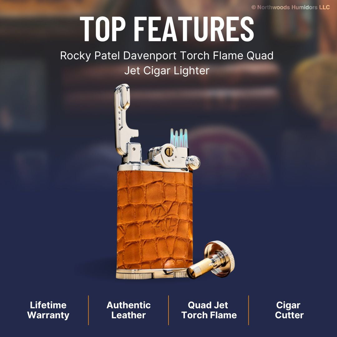 Rocky Patel Davenport Torch Flame Quad Jet Cigar Lighter - Burnt Orange - Top Features