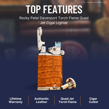 Rocky Patel Davenport Torch Flame Quad Jet Cigar Lighter - Burnt Orange - Top Features