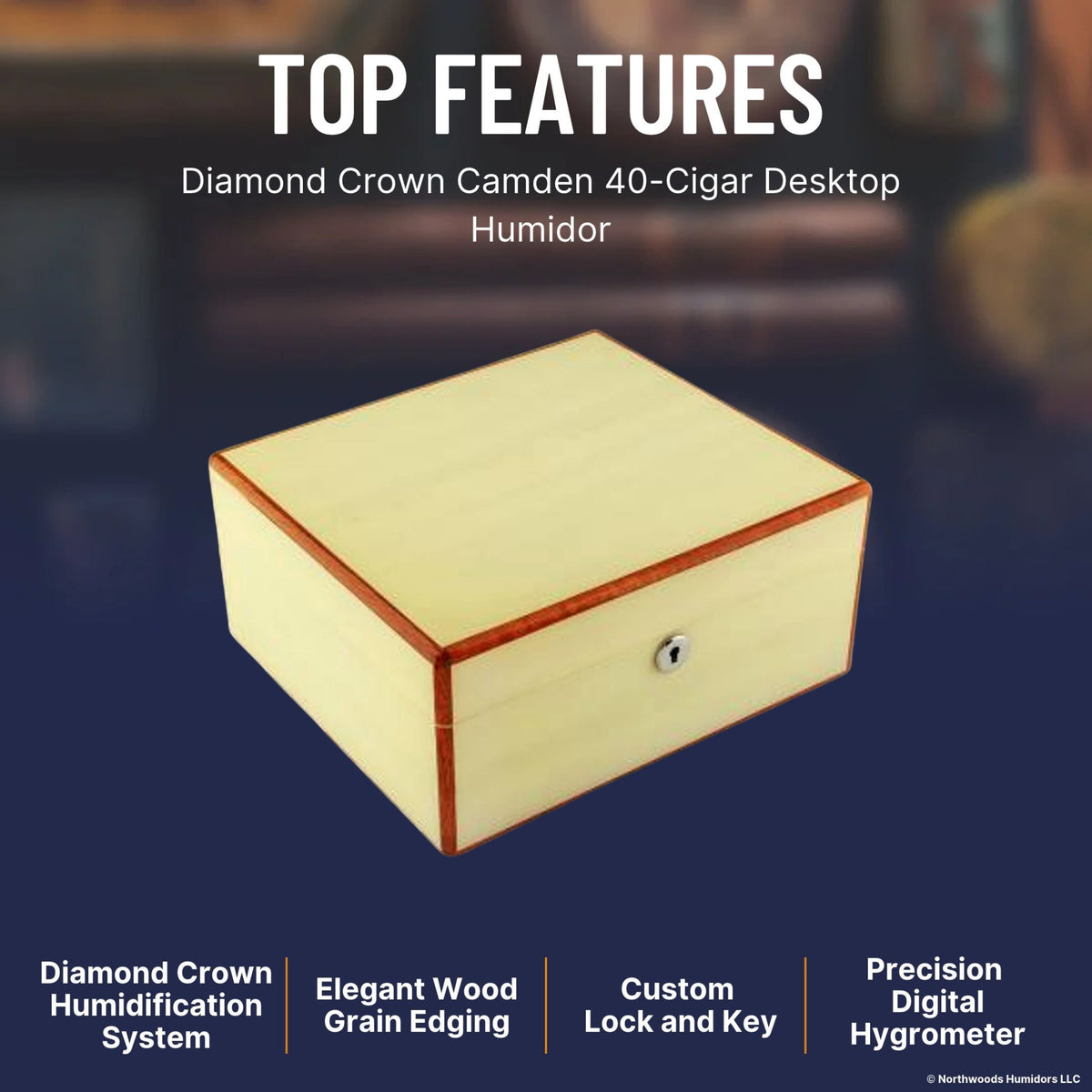 Diamond Crown Camden 40-Cigar Desktop Humidor - Top Features