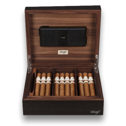 Davidoff Air De Famille Series I Smoked Oak Primos Matt 35-Cigar Desktop Humidors - Lid Flipped Open with Cigars