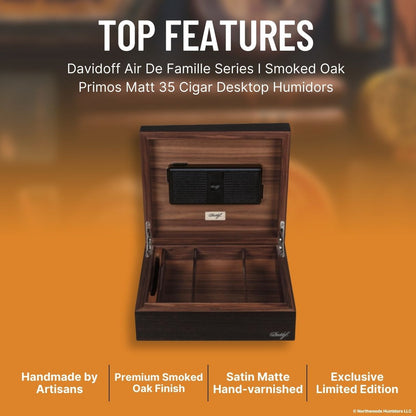 Davidoff Air De Famille Series I Smoked Oak Primos Matt 35-Cigar Desktop Humidors - Top Features