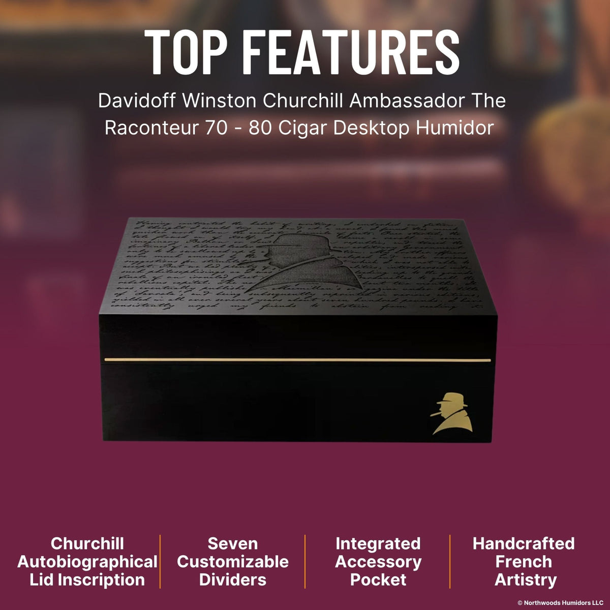 Davidoff Winston Churchill Ambassador  The Raconteur 70 - 80 Cigar Desktop Humidor   - Top Features Image 