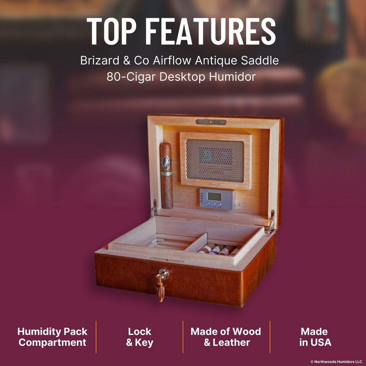 Brizard & Co Airflow Antique Saddle 80-Cigar Desktop Humidor - Top Features