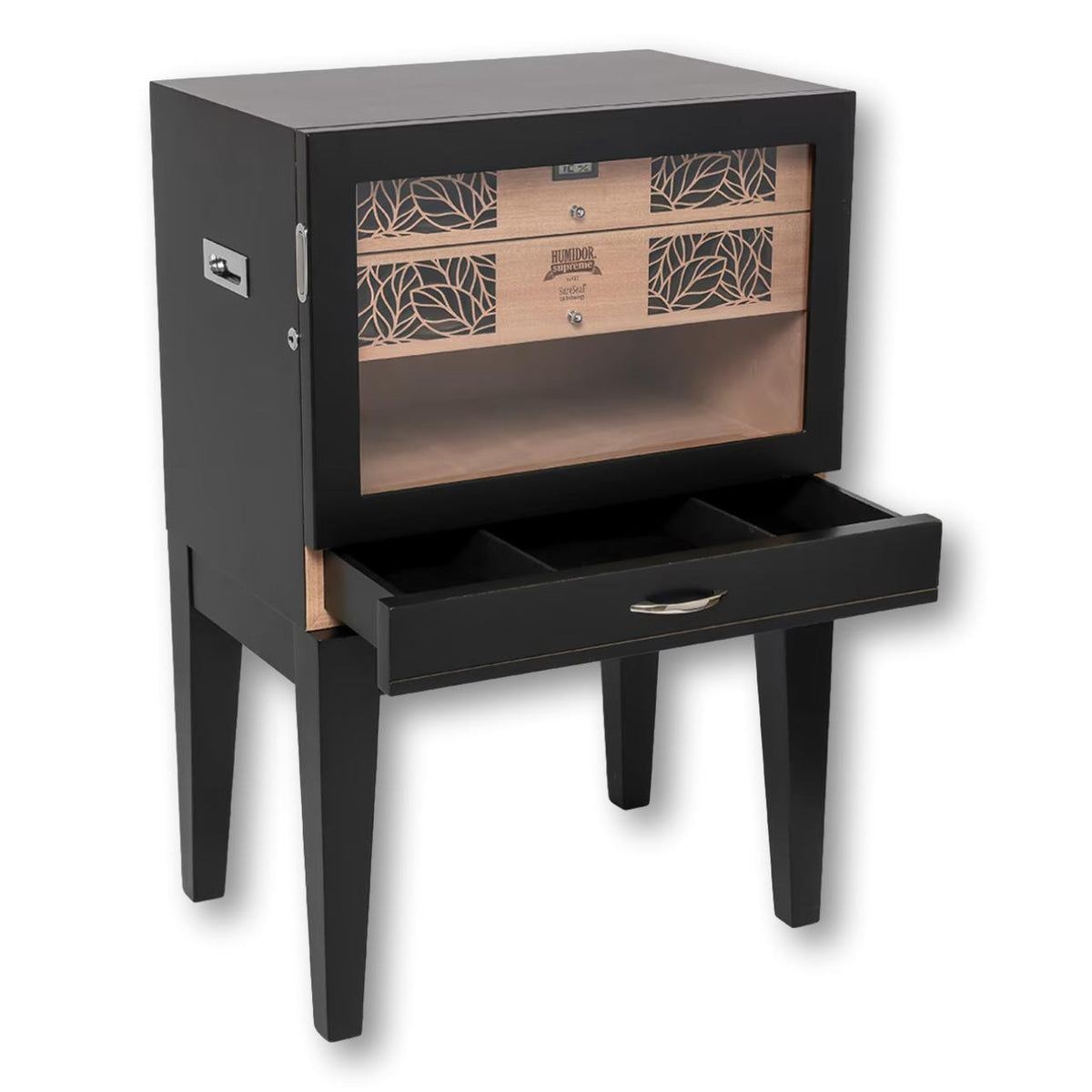 Humidor Supreme Balthazar II End Table 1,024-Cigar Humidors - Black Oak - Right Facing with Drawer pulled out