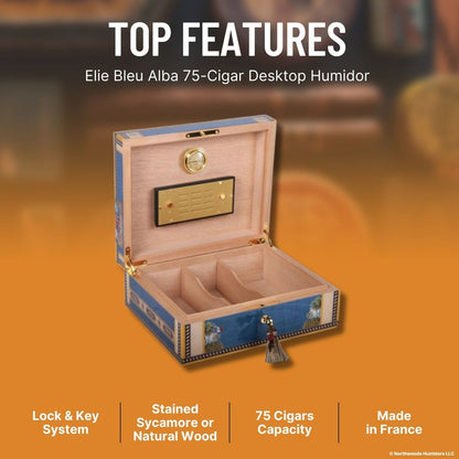 Elie Bleu Alba 75-Cigar Desktop Humidor - Blue - Top Features