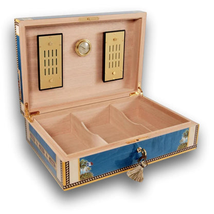 Elie Bleu Alba 110-Cigar Desktop Humidor - Blue -Lid Flipped Open