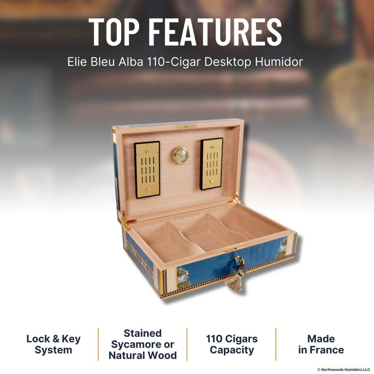 Elie Bleu Alba 110-Cigar Desktop Humidor - Blue - Top Features