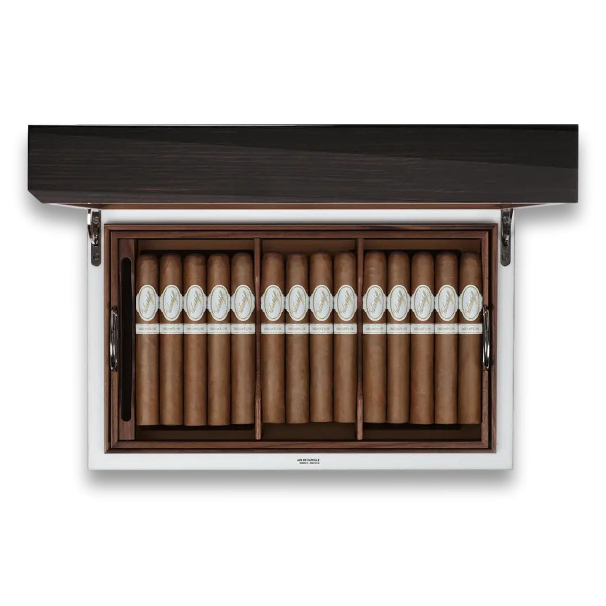 Davidoff Air De Famille Series II Smoked Oak Ambassador Brilliant 80-Cigar Desktop Humidors - Lid Flipped Open with Cigars