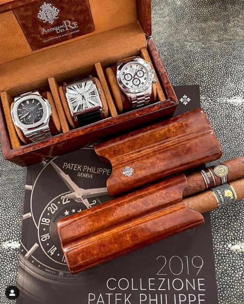 Artigiani Del Re Primo Fiore Leather 2-Finger Cigar Case - 2020 Limited Edition Collection - Walnut Root  - Lifestyle with Cigars