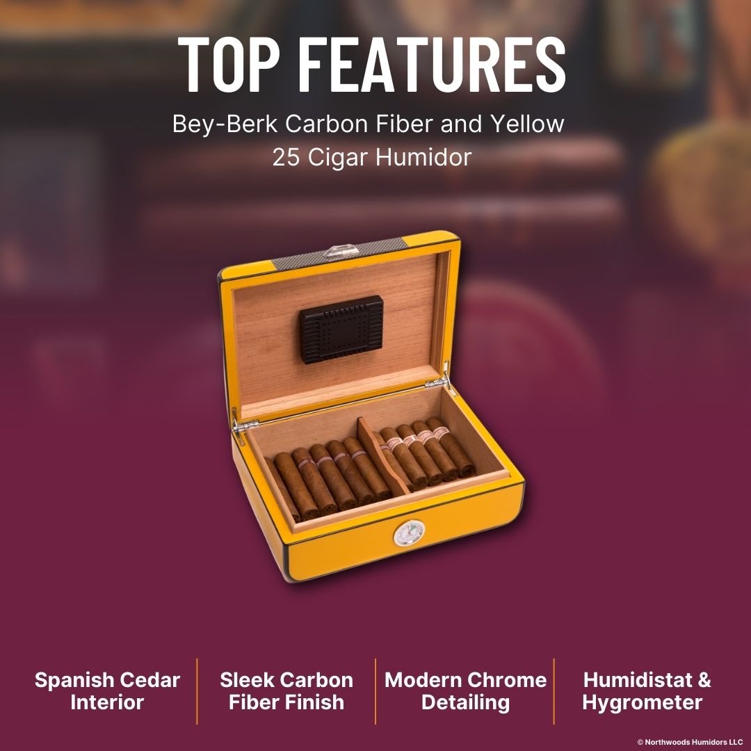 Bey-Berk Carbon Fiber and Yellow 25 Cigar Humidor