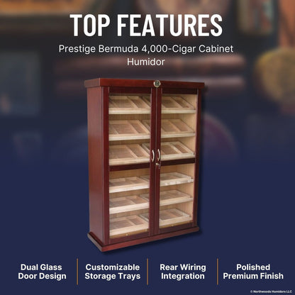 Prestige Bermuda 4,000-Cigar Cabinet Humidor - Top Features