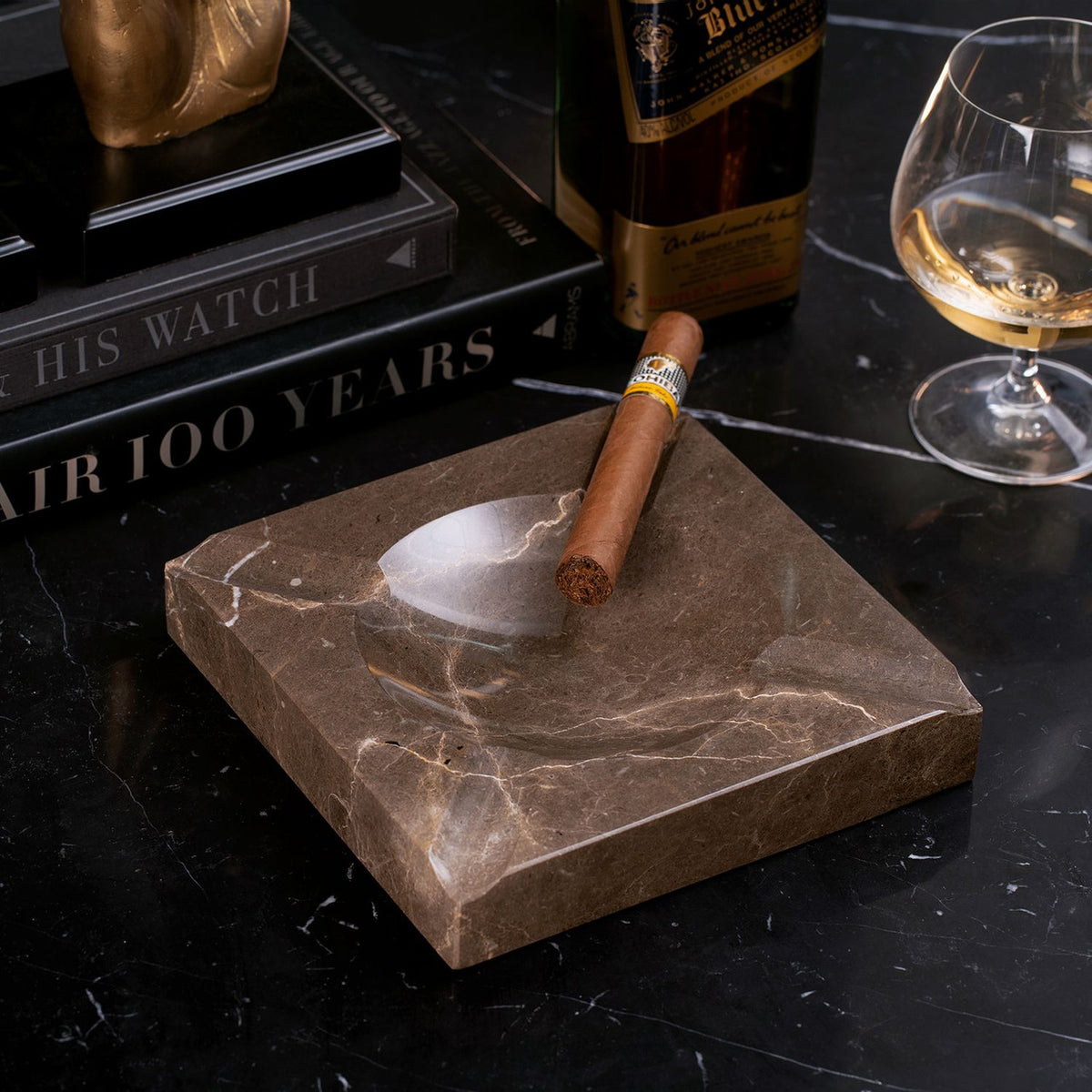 Bey-Berk Marble 4-Cigar Ashtray - Amber Emperador - Exterior Front Lifestyle