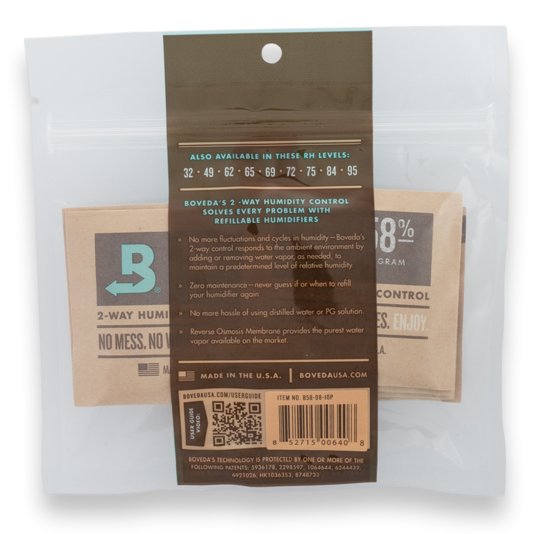 Boveda 58% Humidity Packs - 10-Count, Small 8g  - Packaging - Exterior - Back