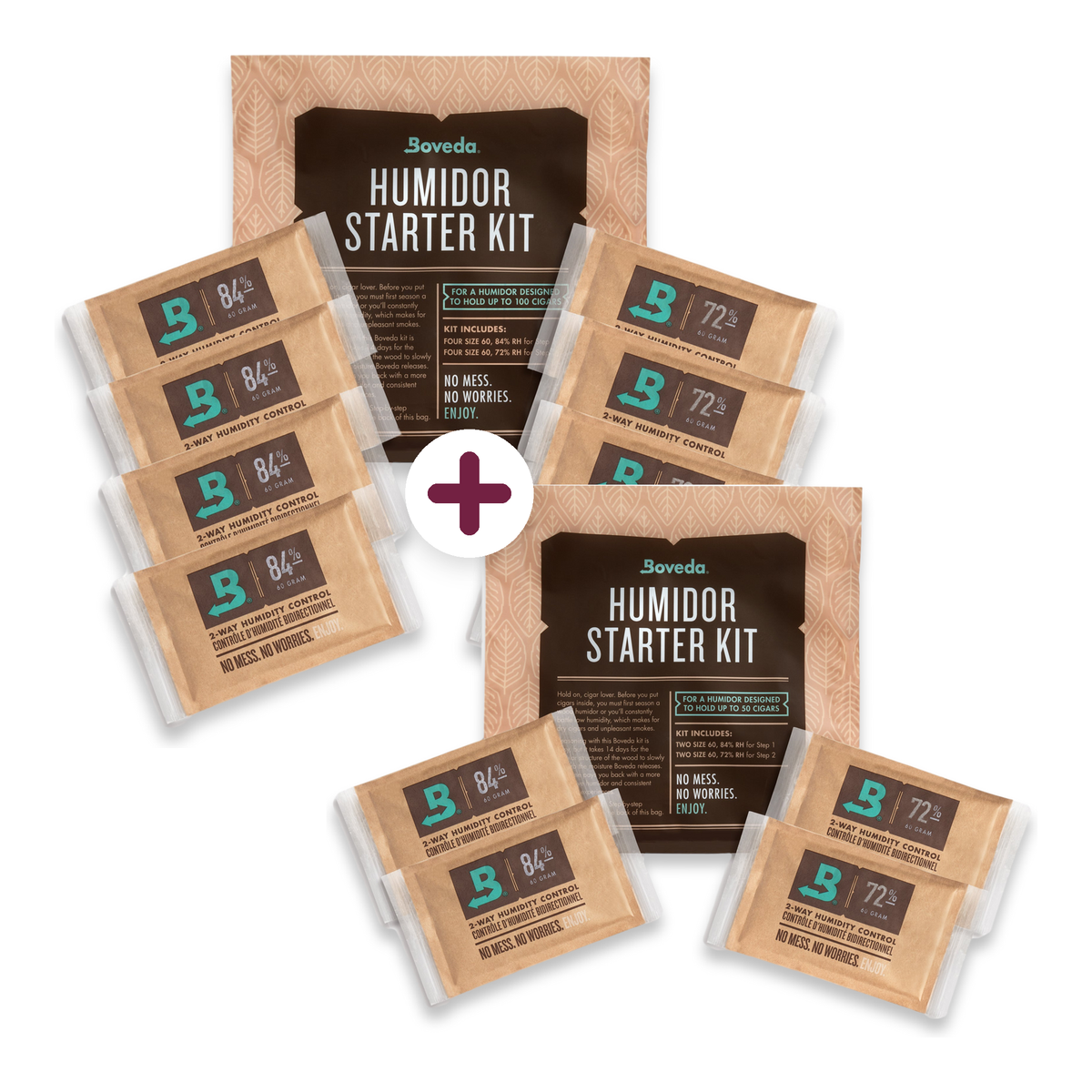 Boveda Starter Kit for 150-Cigar Humidors: Boveda Starter Kits for 100-cigar and 50-cigar humidors with six 84% seasoning packs and six 72% maintenance packs