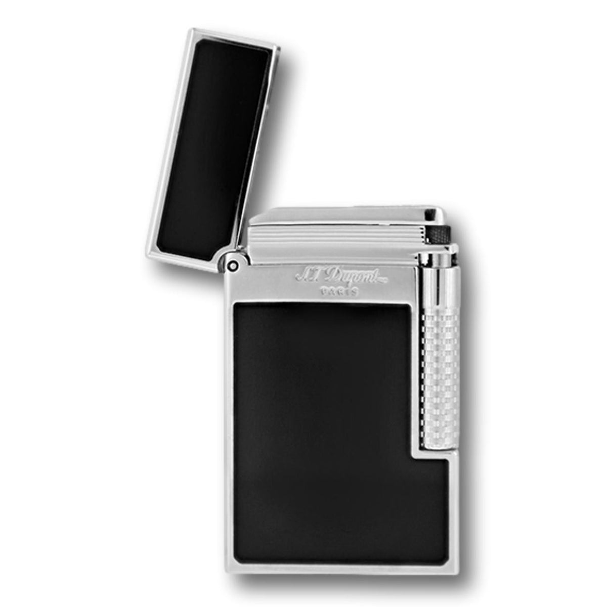 S.T. Dupont Lacquer Le Grand Dual Soft and Torch Flame Cigar Lighter - Black Palladium - Lid Flipped Open Front