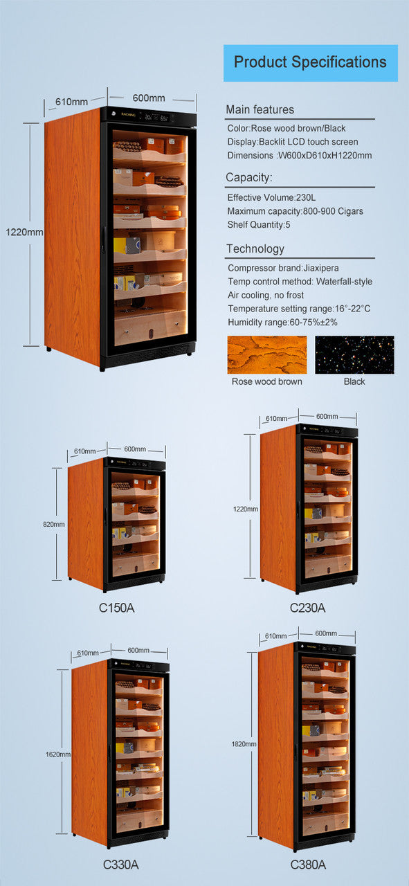 Raching C230A Climate Control Black Wood 900-Cigar Electric Humidor Specifications