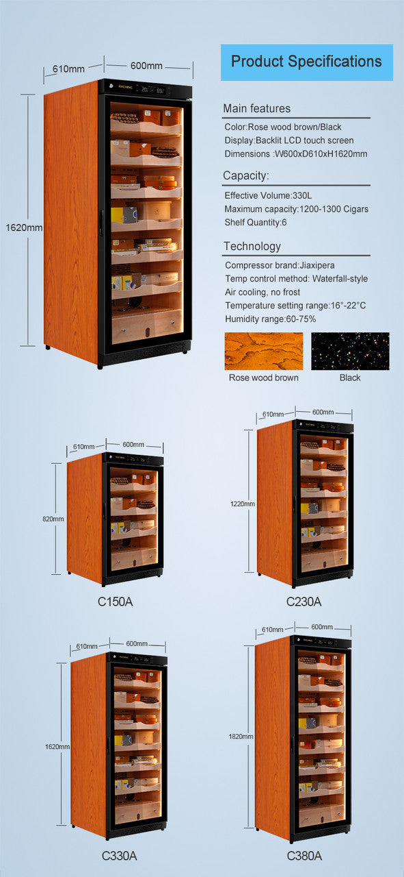 Raching C330A Climate Control Black Wood 1,300-Cigar Electric Humidor Specifications
