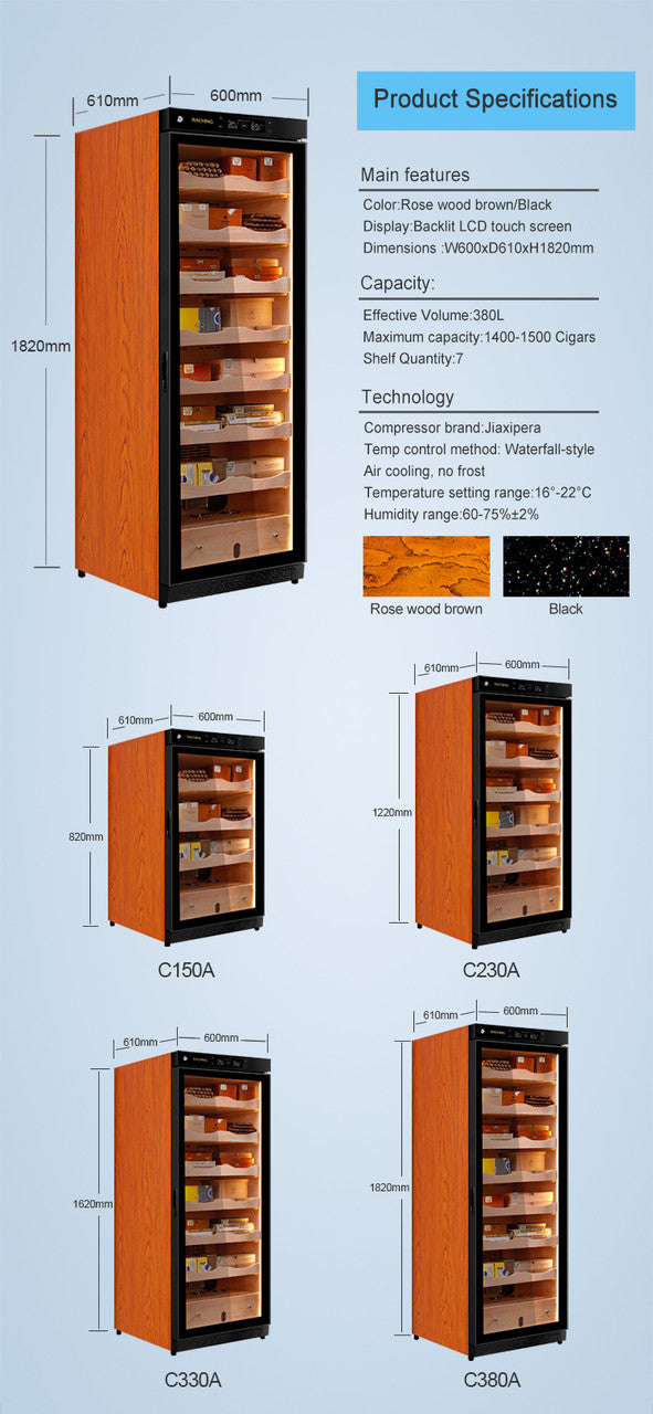 Raching C380A Climate Control Black Wood 1,500-Cigar Electric Humidor Main Image Specifications