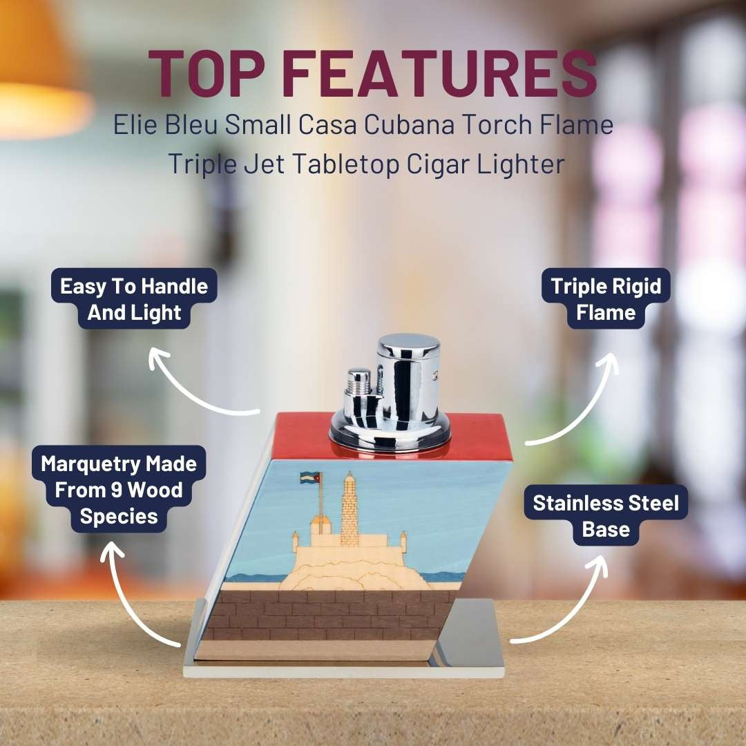 Elie Bleu Small Casa Cubana Torch Flame Triple Jet Tabletop Cigar Lighter - Top Features