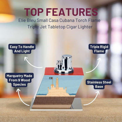 Elie Bleu Small Casa Cubana Torch Flame Triple Jet Tabletop Cigar Lighter - Top Features